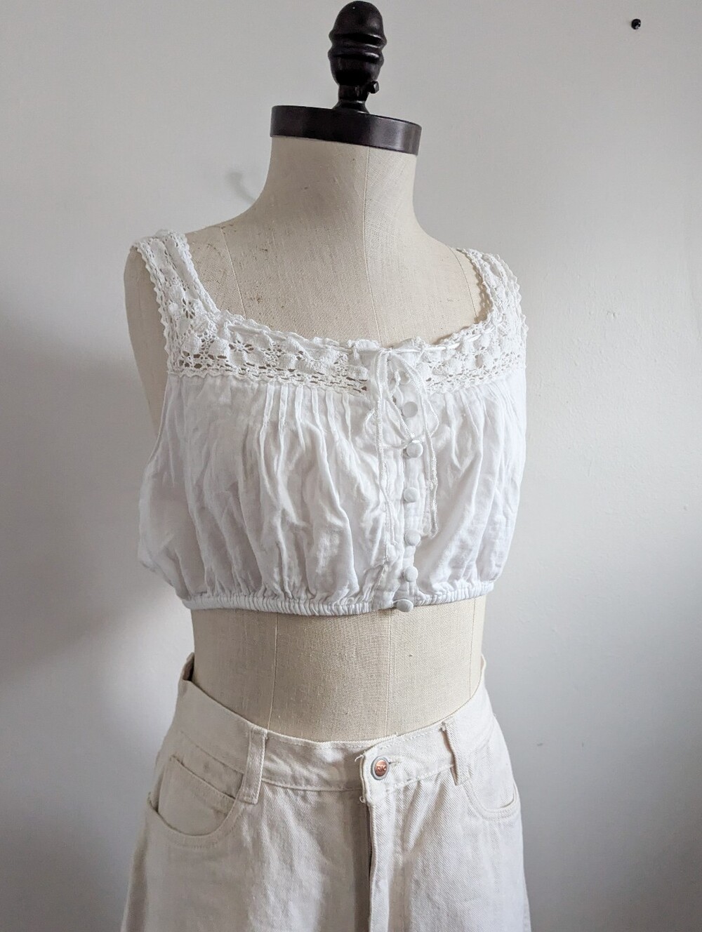 Free People White Crochet Lace Trim Button-Front Crop Top